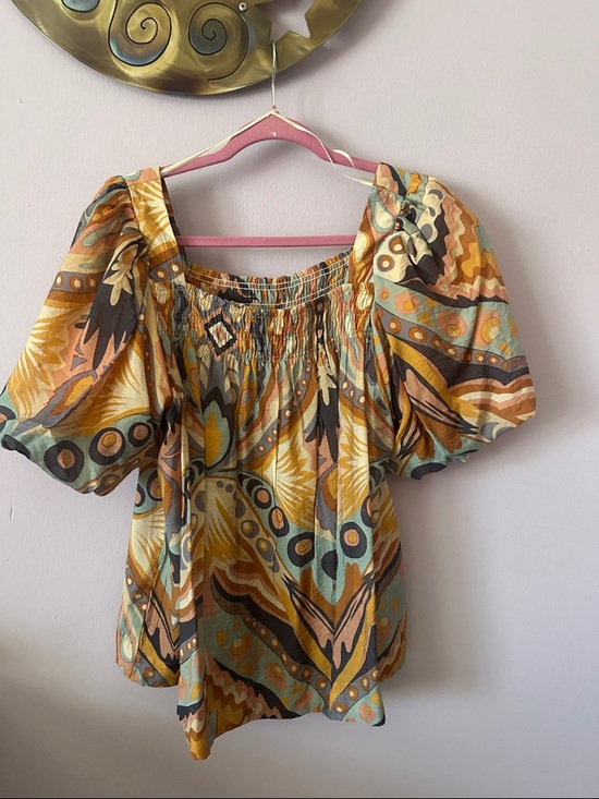 Umgee Tops - Umgee Multicolor Smocked Sleepwear Top in Blue, Brown, Cream & Tan